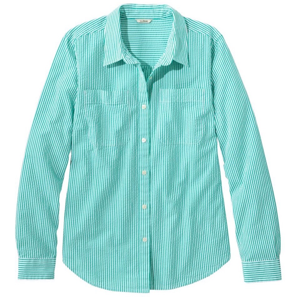 L.L. Bean Seersucker Button down Shirt | Cotton Preppy Green Striped OldMoney - Picture 2 of 9